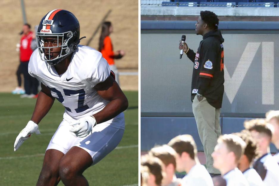 Left, Lex Long in a football uniform. Right, Long sings at a sporting event.