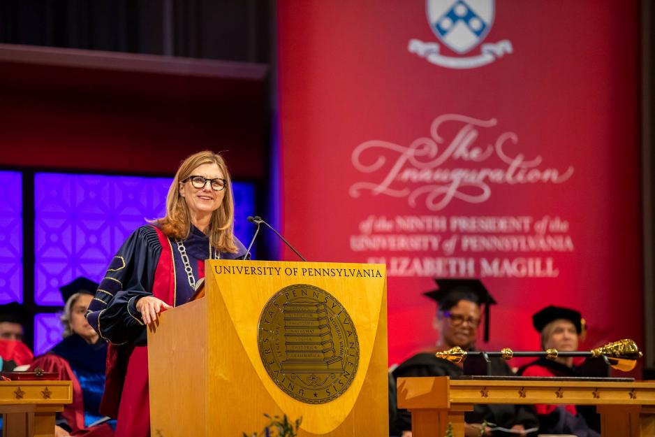 Liz Magill speaking at a podium