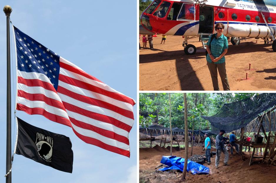 Left, a POW MIA flag flying below the American flag. Right, Terri Yost stands in front of a helicopter, and people dig for remains in a rainforest