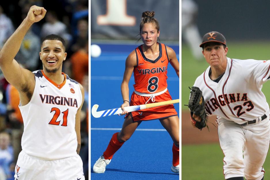 Isaiah Wilkins smiling on a basketball court, Greer Gill holding a field hockey stick, and Danny Hultzen pitching a baseball