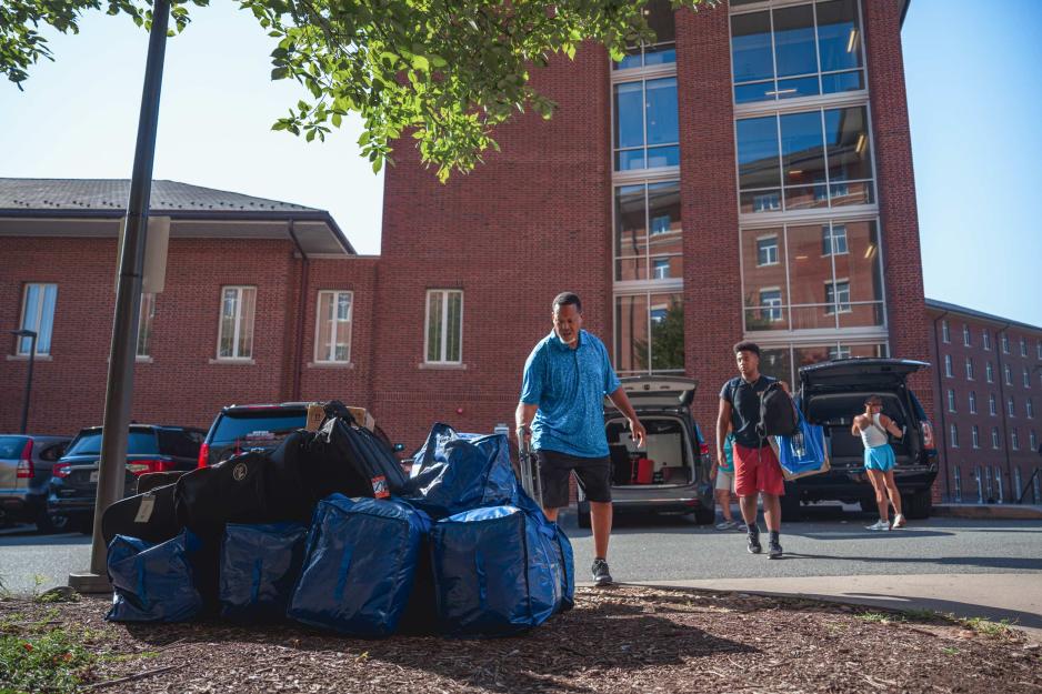 Stack of IKEA bags waiting to be escorted into the new dorm room