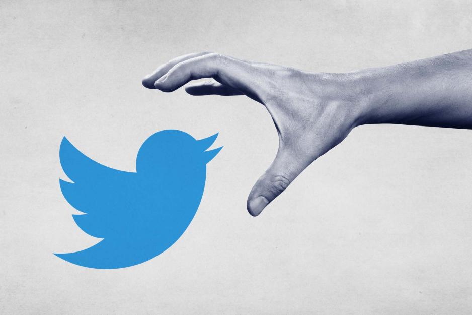 Illustration of a hand grabbing the Twitter logo.