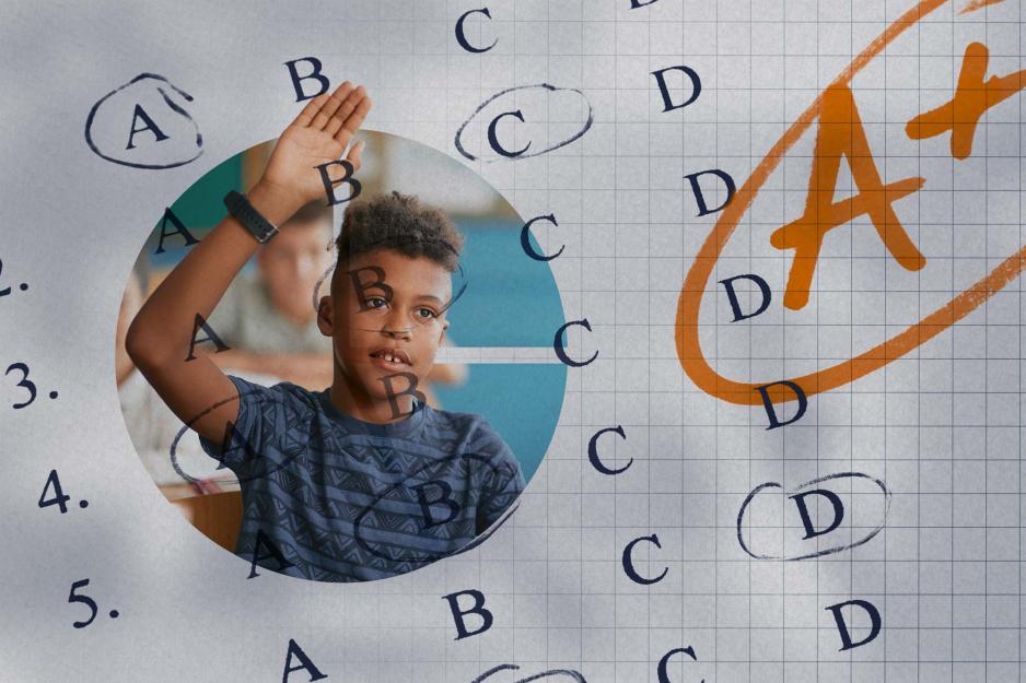 Student raising hand with a multiple choice overlay and an A+ on the overlay