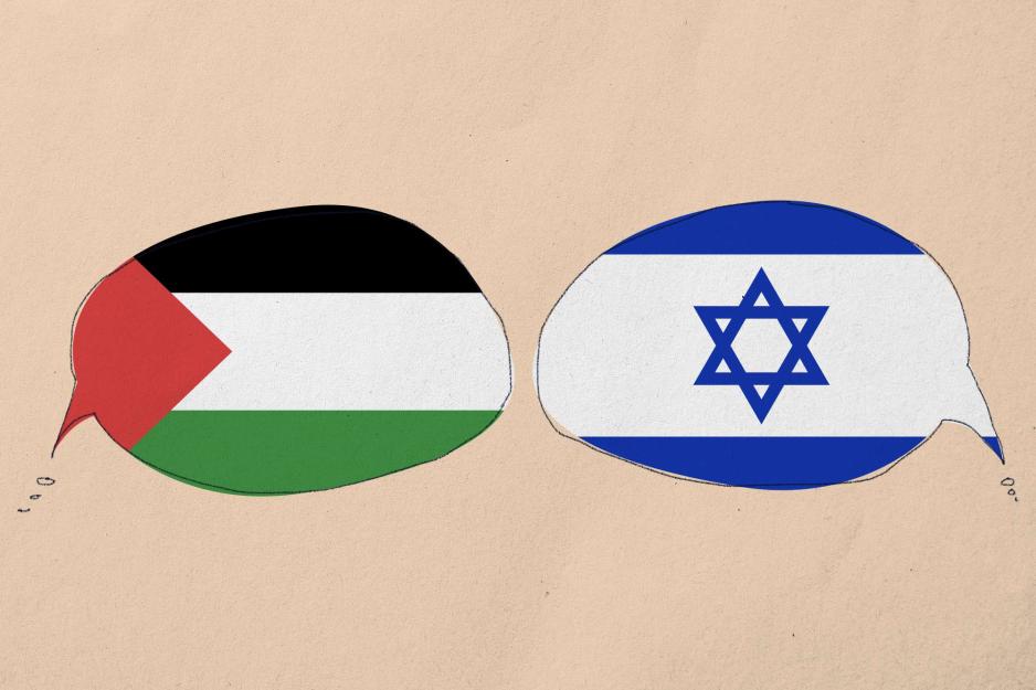 Two speech bubbles with the Palestine and Isreal flags inside each