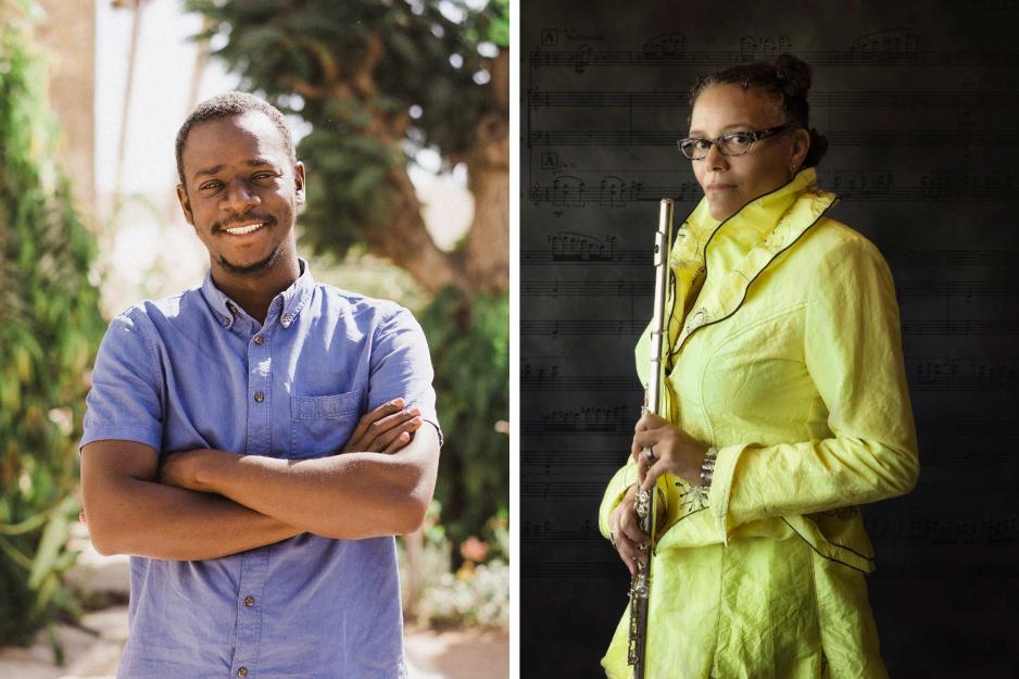 Portraits of Mamadou Dia, left, and Nicole Mitchell, right