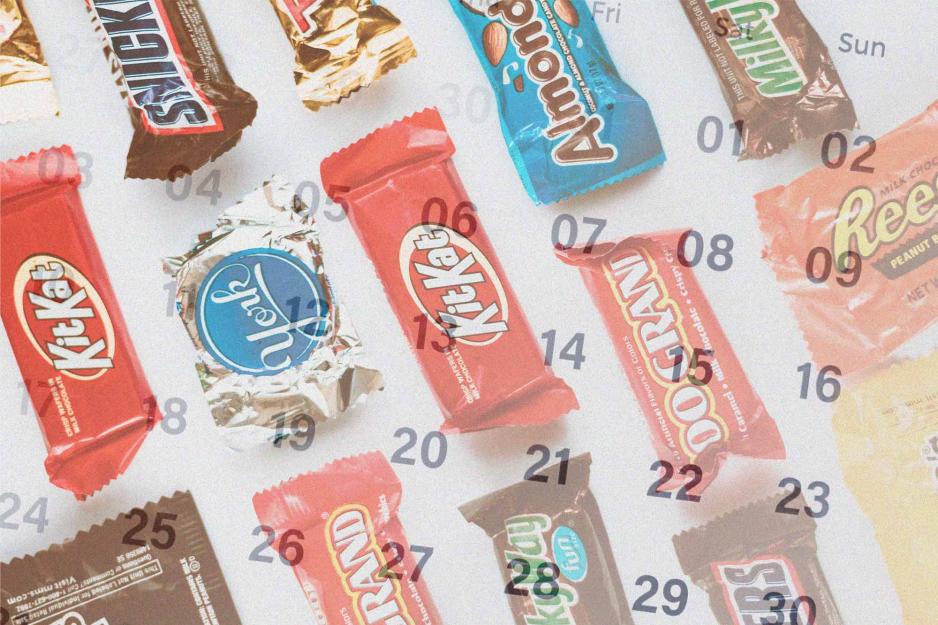 Collage of candy bars on a table with a calendar