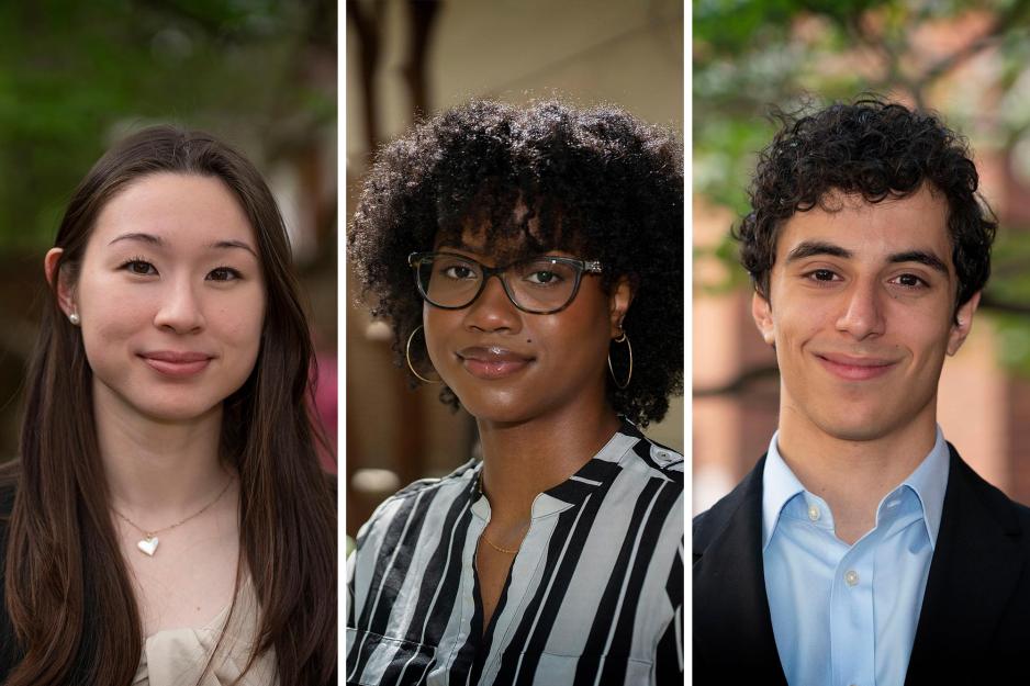 Portraits of Isabella Dressel, left, Dawn Ford, center, and Deniz Guney Olgun, right