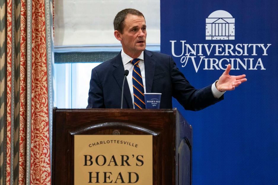 President Jim Ryan speaking at a podium at Boars Head