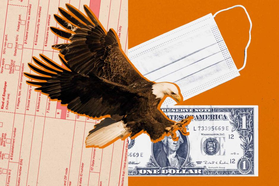 A graphic of an eagle, mask, and dollar bill on an orange background