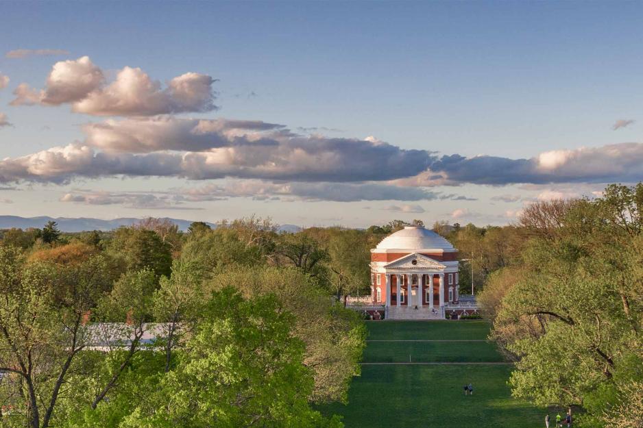 Aerial of the Rotunda and Lawn in spring