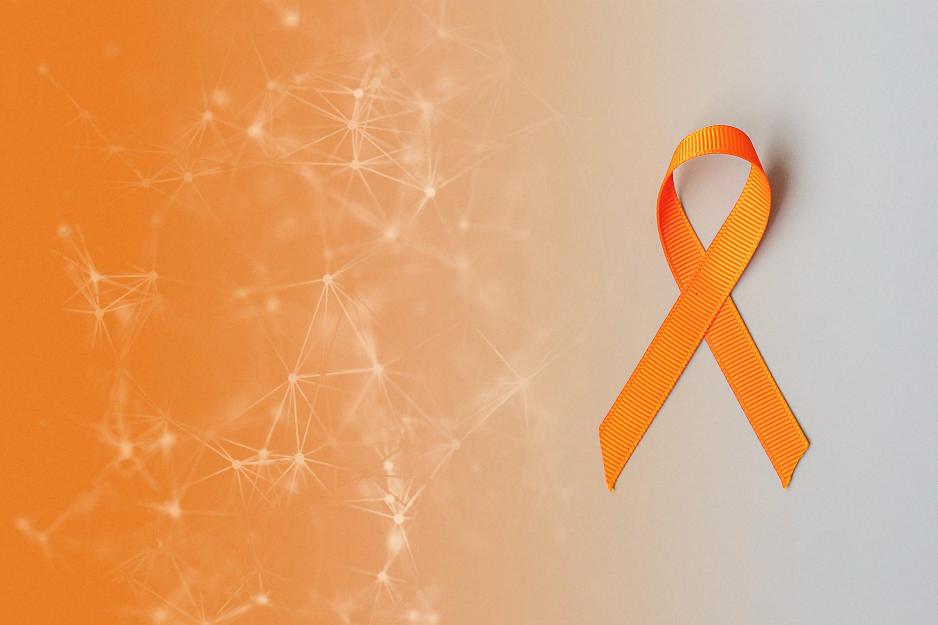 Illustration of D N A mapped and an orange support ribbon