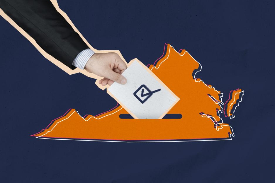 A ballot being inserted into a ballot box shaped like Virginia