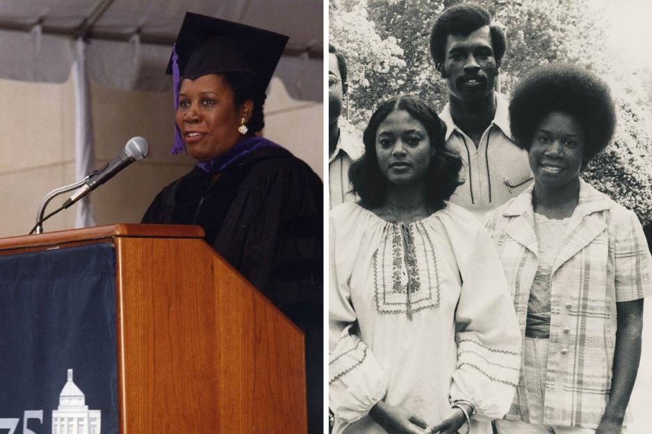 U.S. Rep. Sheila Jackson Lee, left, spoke at the Law School’s Final Exercises in 2001. She is pictured in the right photo with classmates from the Black American Law Students Association at the Law School in 1974. (Photos courtesy UVA Law archives)