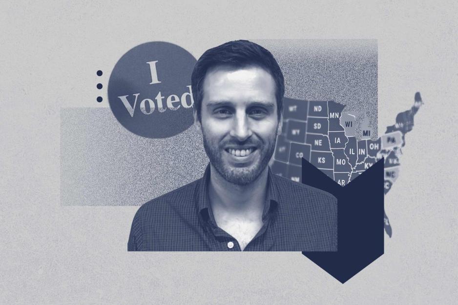 collage of an i voted sticker, the us and a headshot of a man