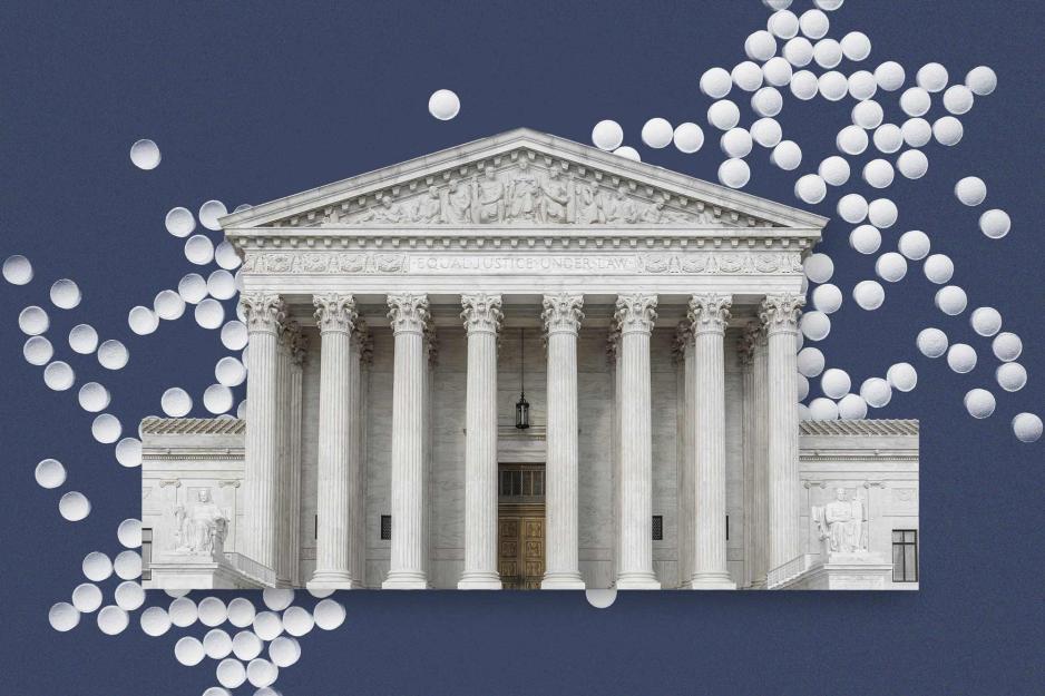 Graphic design of Supreme Court building with small pills scatter in the background