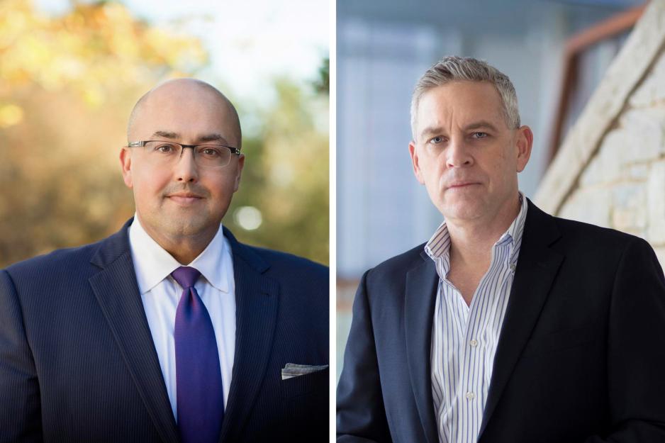 Side by side portraits of Siva Vaidhyanathan, Robertson Professor of Media Studies, and William I. Hitchcock, James Madison Professor of History