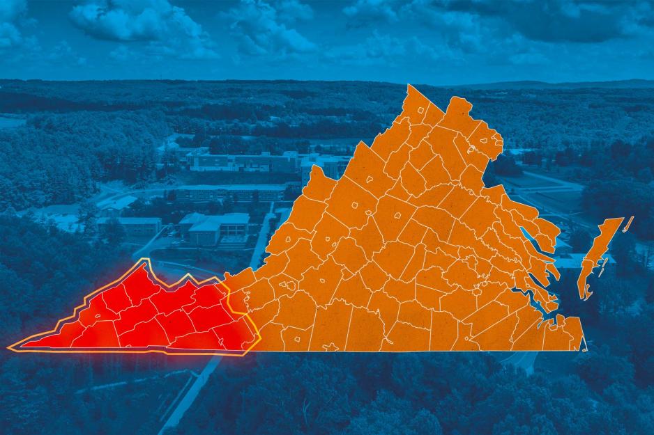 A Virginia map with the southwest region highlighted in red