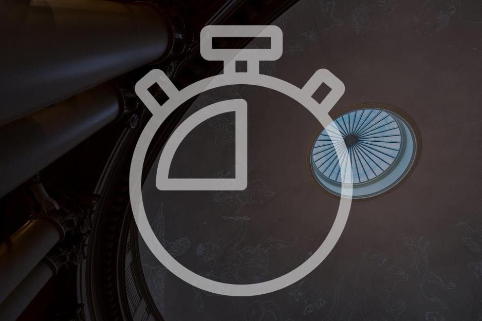 Illustration of a stopwatch over the cieling of the Rotunda with the night sky projected upon it