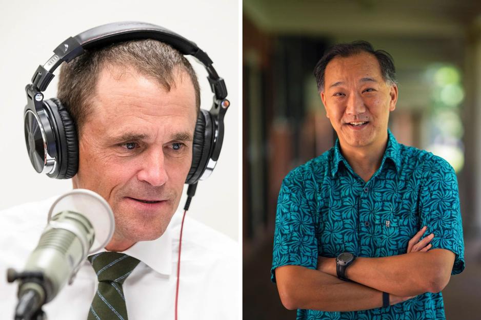 Portraits of President Jim Ryan and Professor Ken Ono