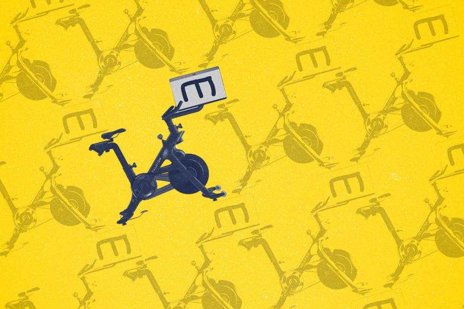 photo illustration of an exercise bike repeated in diagonal rows across the image