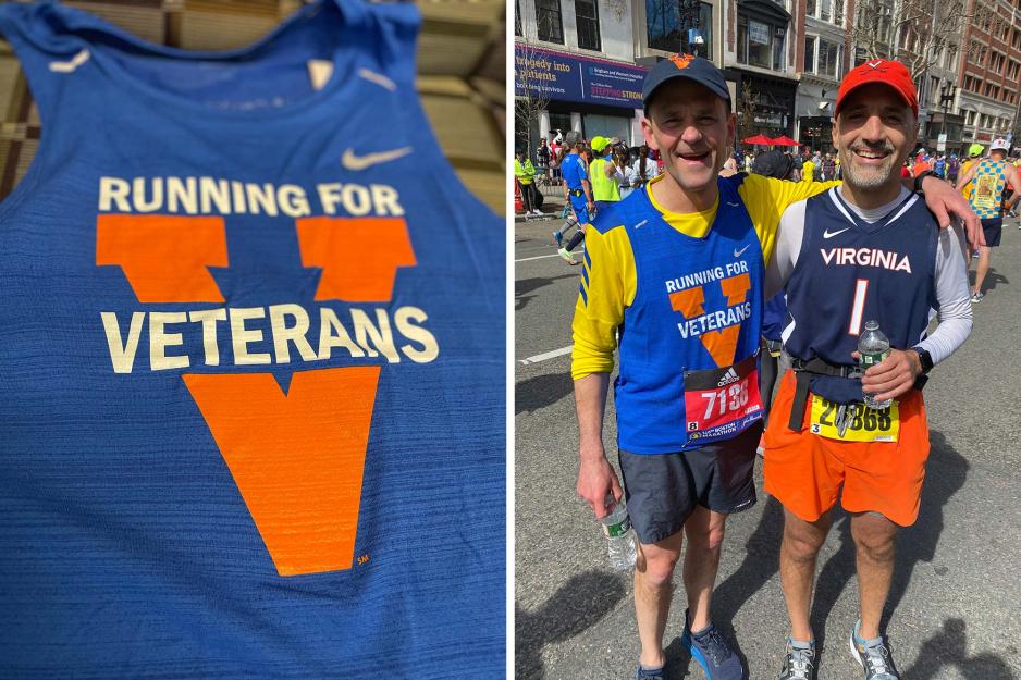 Left, a blue jersey with an orange V and the words Running for Veterans. Right, Jim Ryan and Bill Antholis in running gear pose for a photo