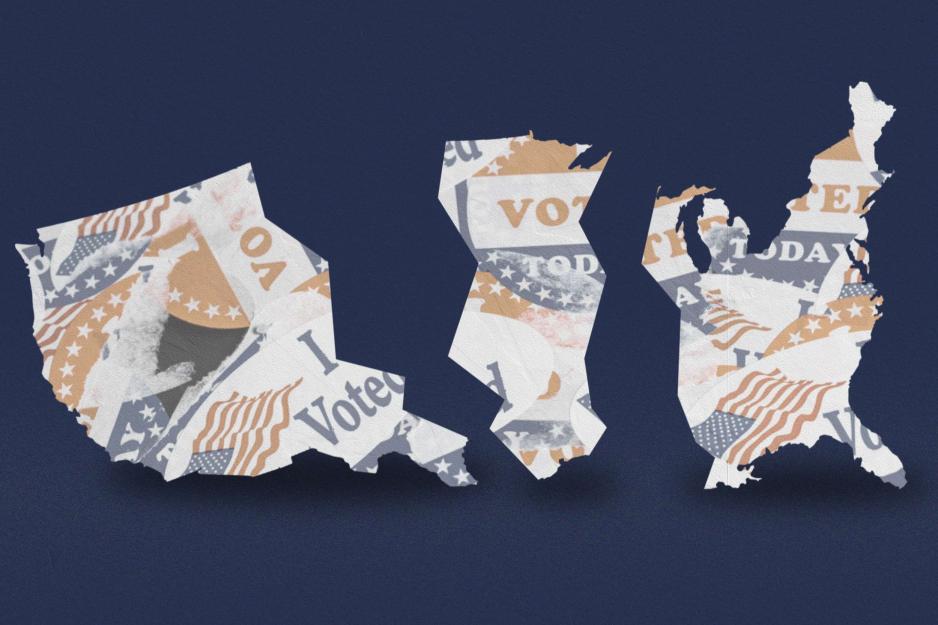 Illustration of the USA cut into three pieces and I voted stickers collaged on to it