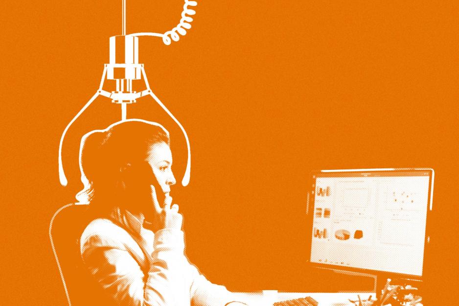 Illustration of a student in their phone and computer with an electrode hanging over their head