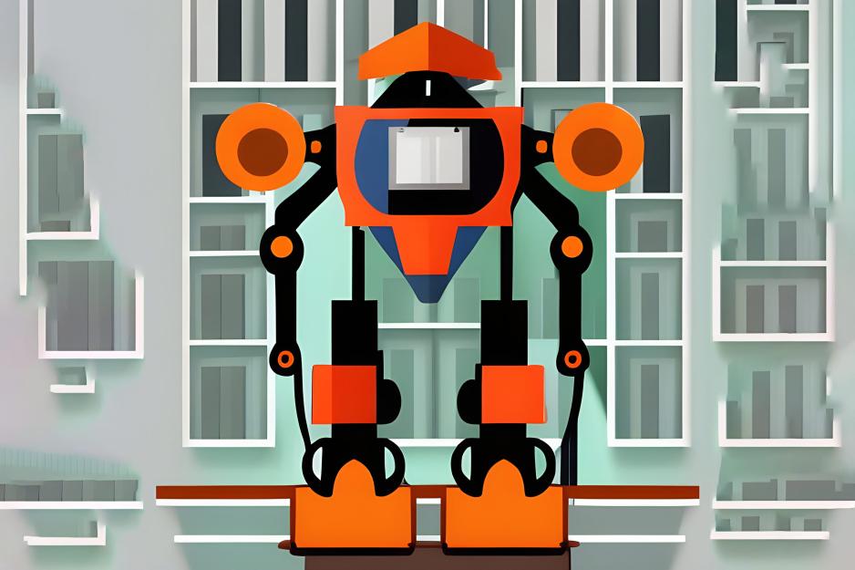 Illustration of an orage robot in front of a gray office building