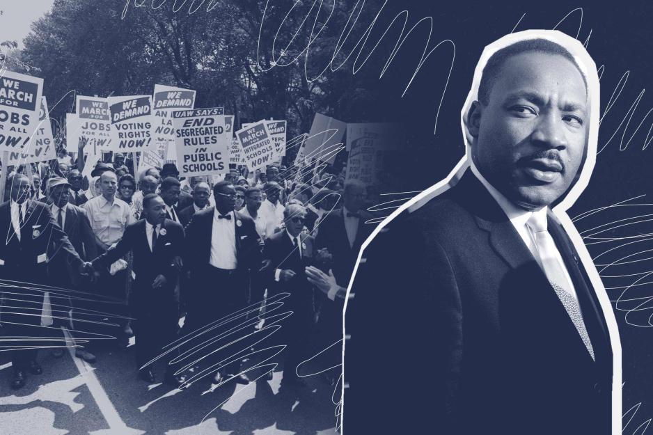 Martin Luther King Jr. with protesters in the background on a blue overlay