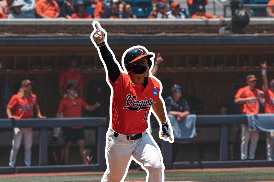 Baseball player with hand and pointer finger in the air while running onto the field