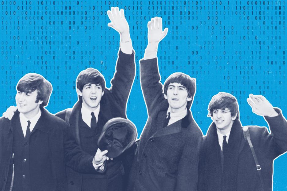 Illustration of the Beatles over a cyan background of binary code