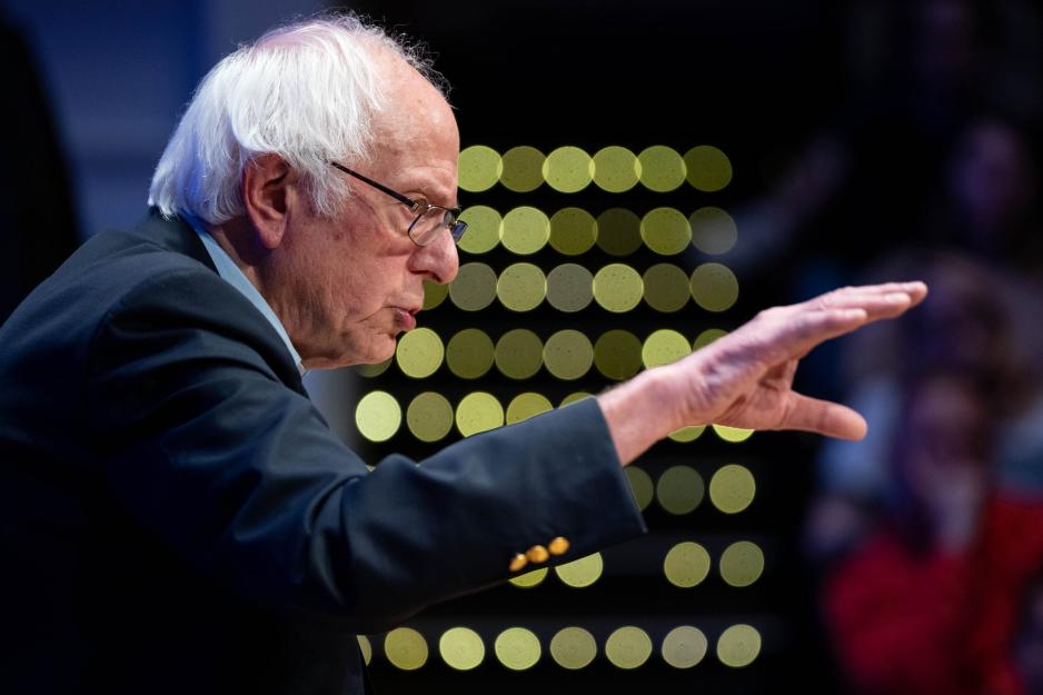 Bernie Sanders talking in Old Cabell Hall
