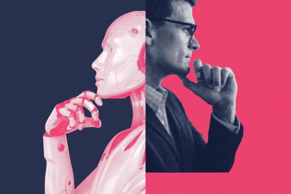 Illustration of a robot on the left, and a photo of a person on the right, both in a mirrored thinking pose