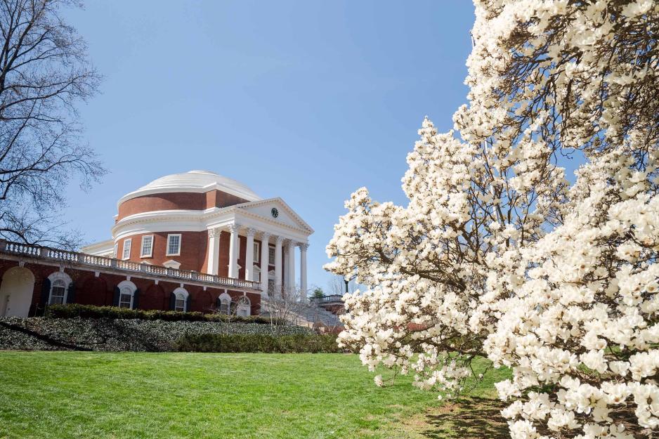 Spring flowers in bloom in front of the Rotunda