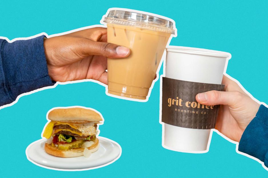 Clinking of coffees and a sandwich