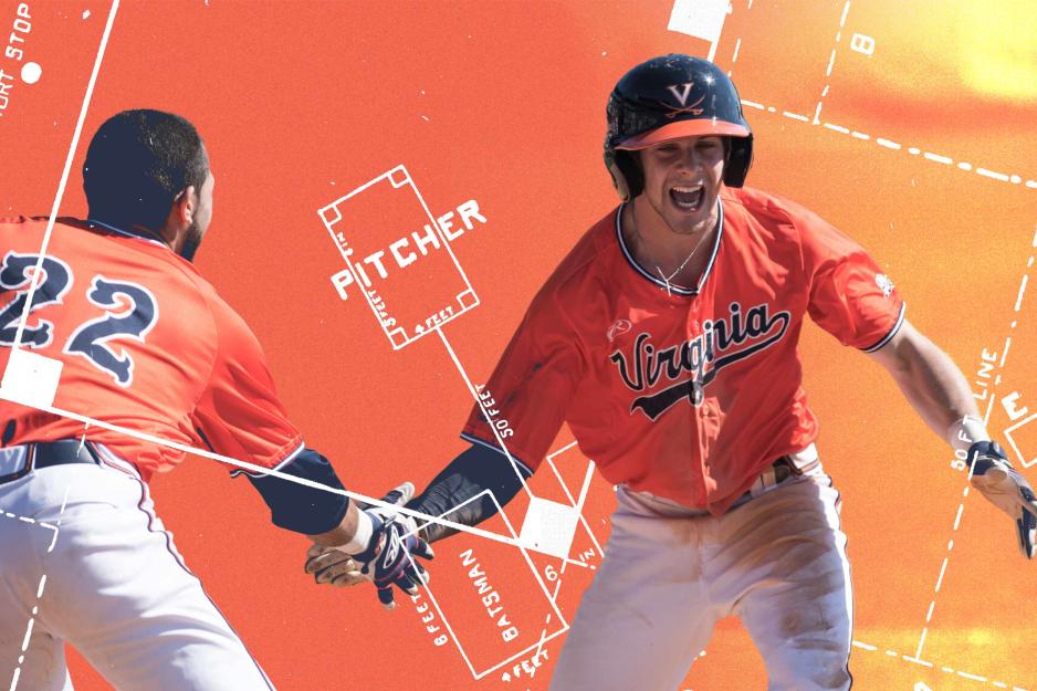 Illustration of a baseball field overlayed with a photo of Ernie Clement celebrating with a teammate during a UVA baseball game
