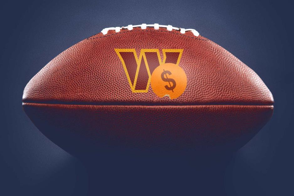 Illustration of a dollar sign sticker over a Washington Commanders' football