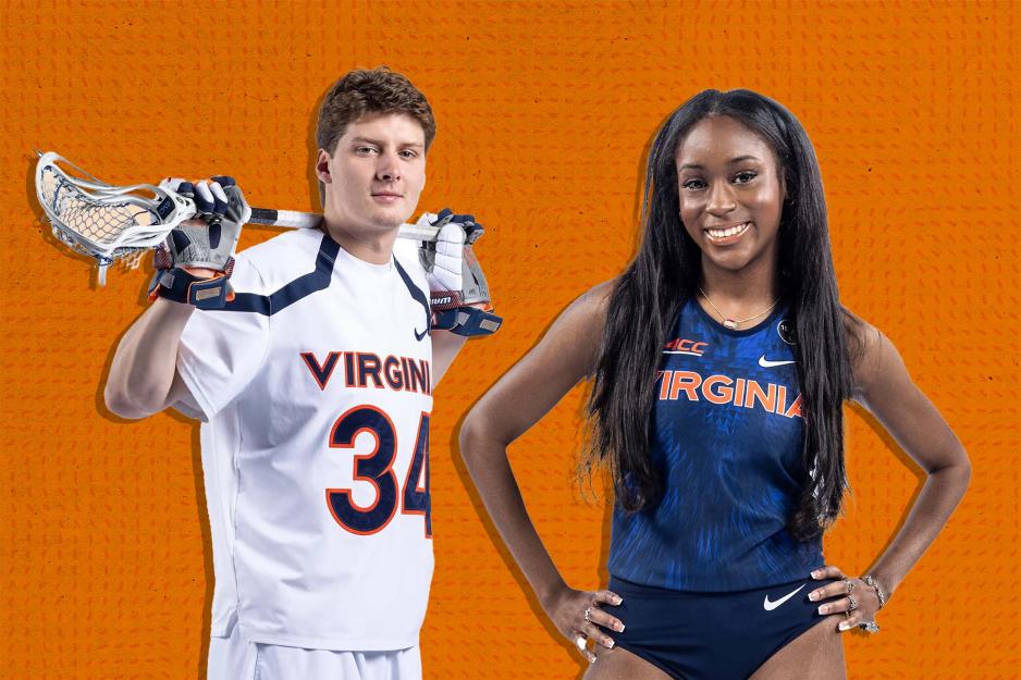 Lacrosse and track athlete on an orange background