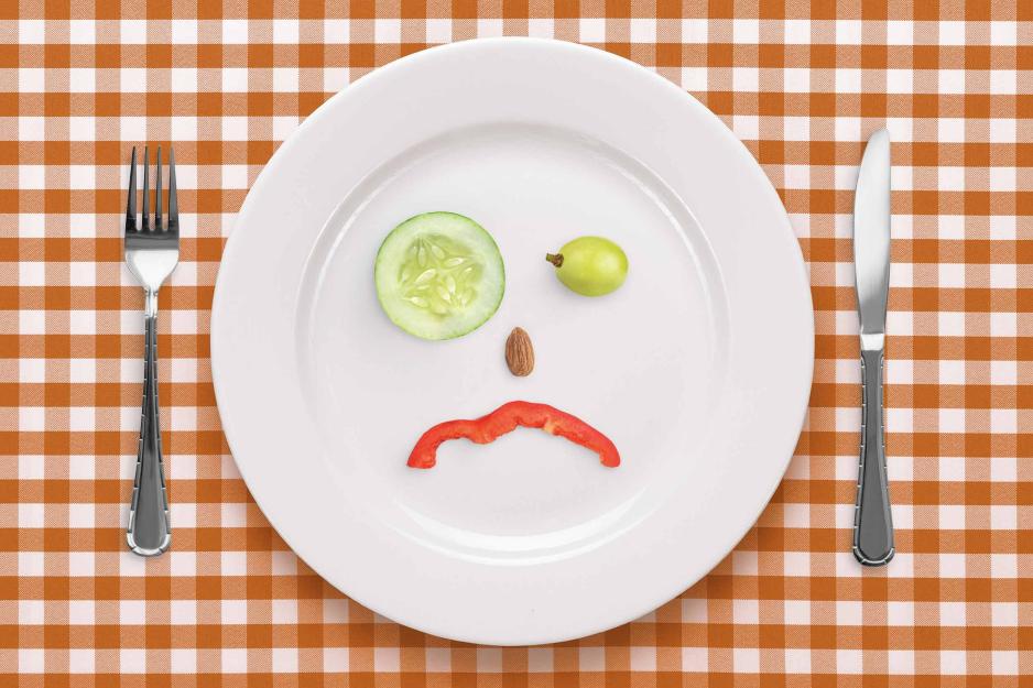 Plate with a sadface made of food