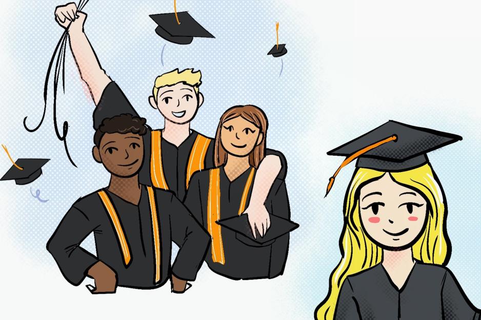 Illustration four graduating students in ther caps and gowns
