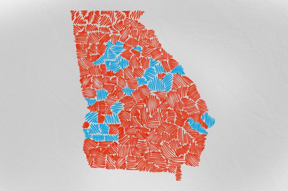 Georgia counties colored in blue or red