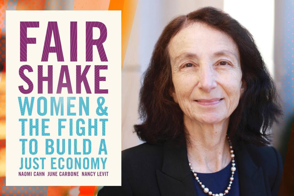 Professor Naomi Cahn with an image of the Fair Shake poster to the left of her