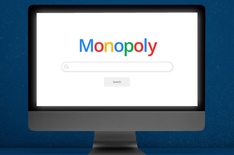 A graphic illustration of a monitor showing a new Google browser window, except instead it reads "Monopoly" in the Google colors.