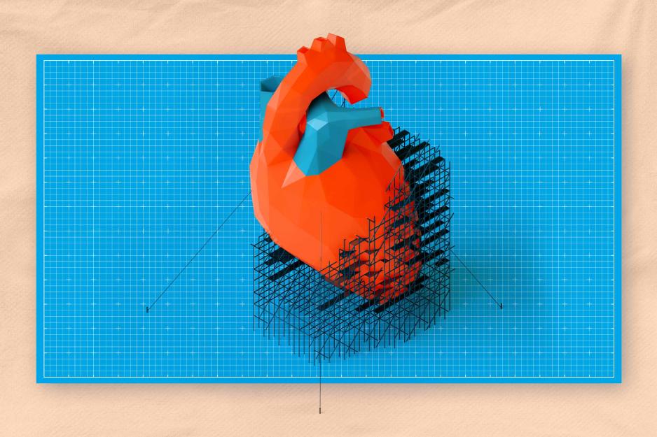 A graphic illustration of a heart with a construction type structure around it showing repair