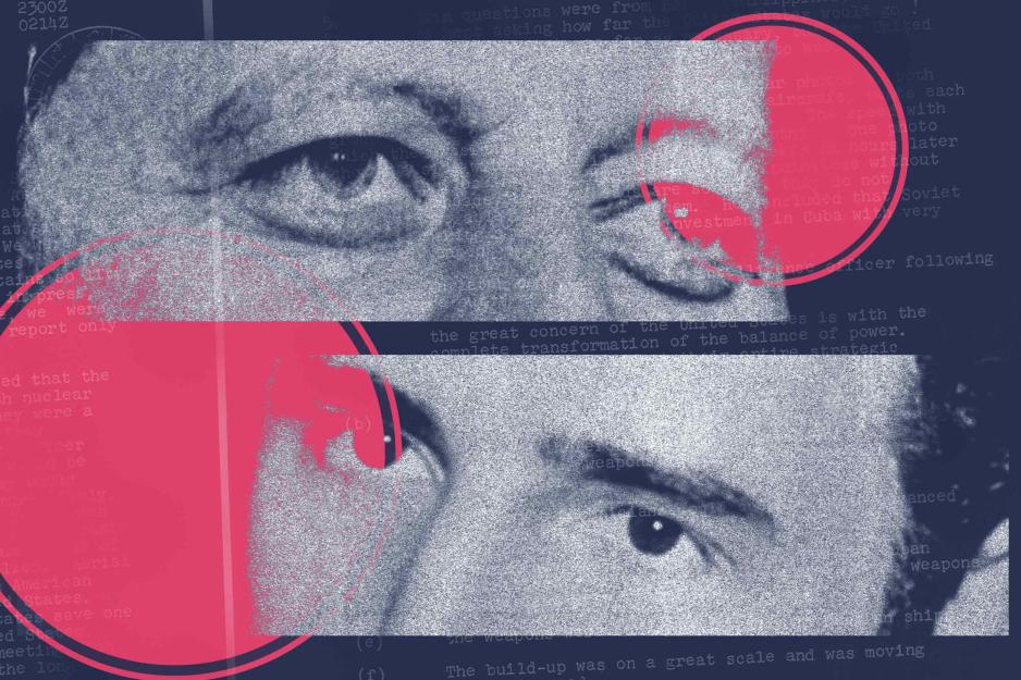 Close up shots of Kennedy and Castro's eyes with a pink and blue graphic overlay