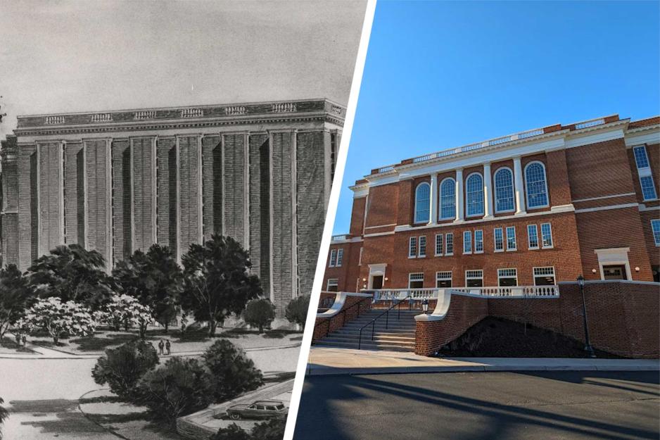 Side by side exterior photos of the main UVA library,1964 on the left and 2024 on the right