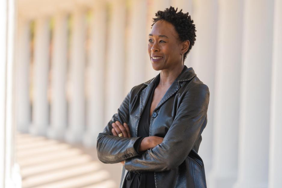 A portrait of Margot Shetterly by the columns