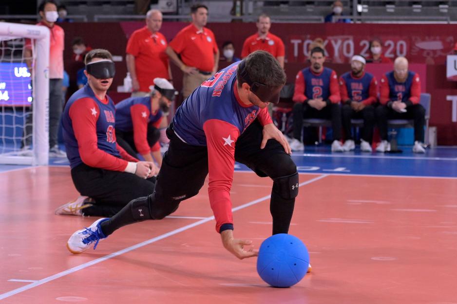 Candid photo of Matt Simpson, UVA School of Law alumnus, competing in the Paralympics as a U.S. Goalball player.