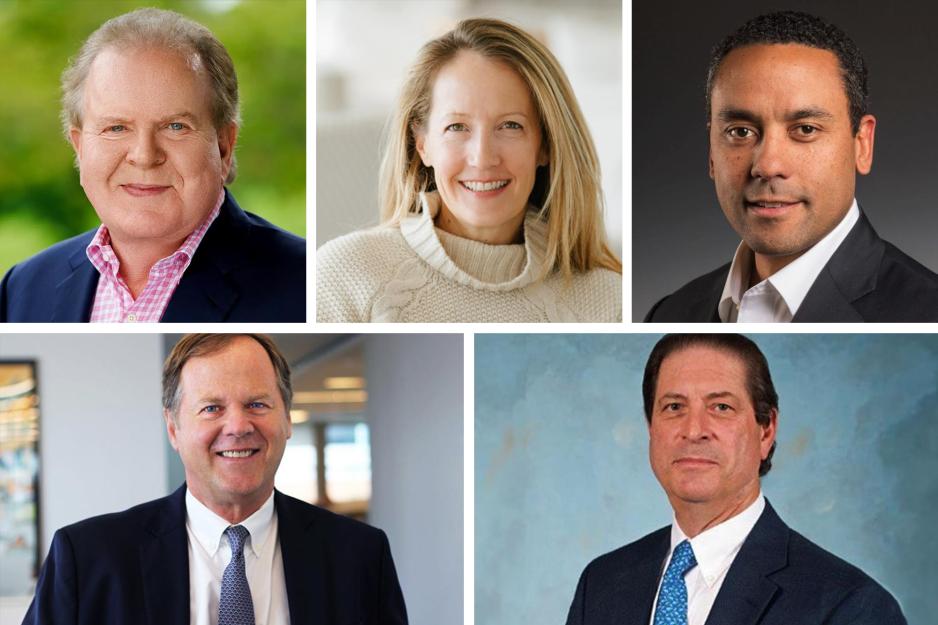 A collage of new board member portraits Virginia Gov. Glenn Youngkin appointed (top, from left) Daniel M. Brody, Marvin W. Gilliam Jr., Dr. David Okonkwo, (bottom, from left) David F. Webb and Porter Wilkinson to the UVA Board of Visitors on Friday. 