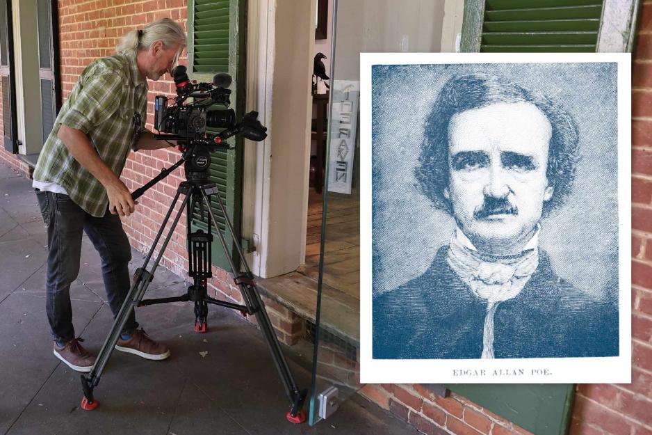 A german videographer filming into Edgar Allen Poe's room with an old photo of Poe to the right